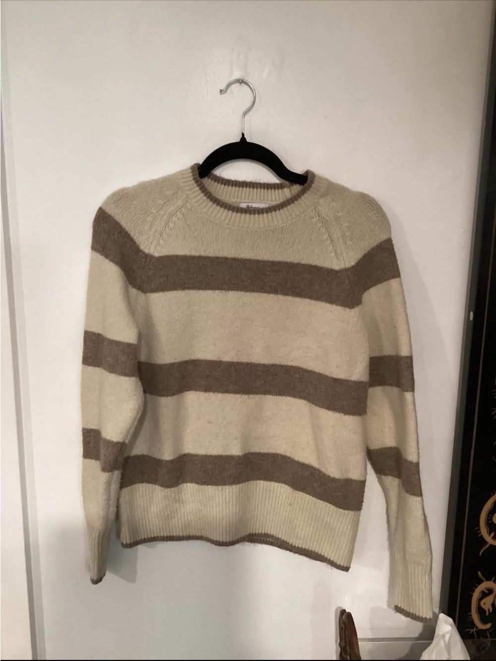 Cream and Brown Striped Crewneck Sweater